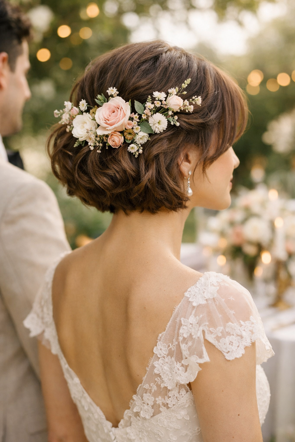 A stylish short bob hairstyle adorned with flowers, showcasing elegance for a wedding guest.
