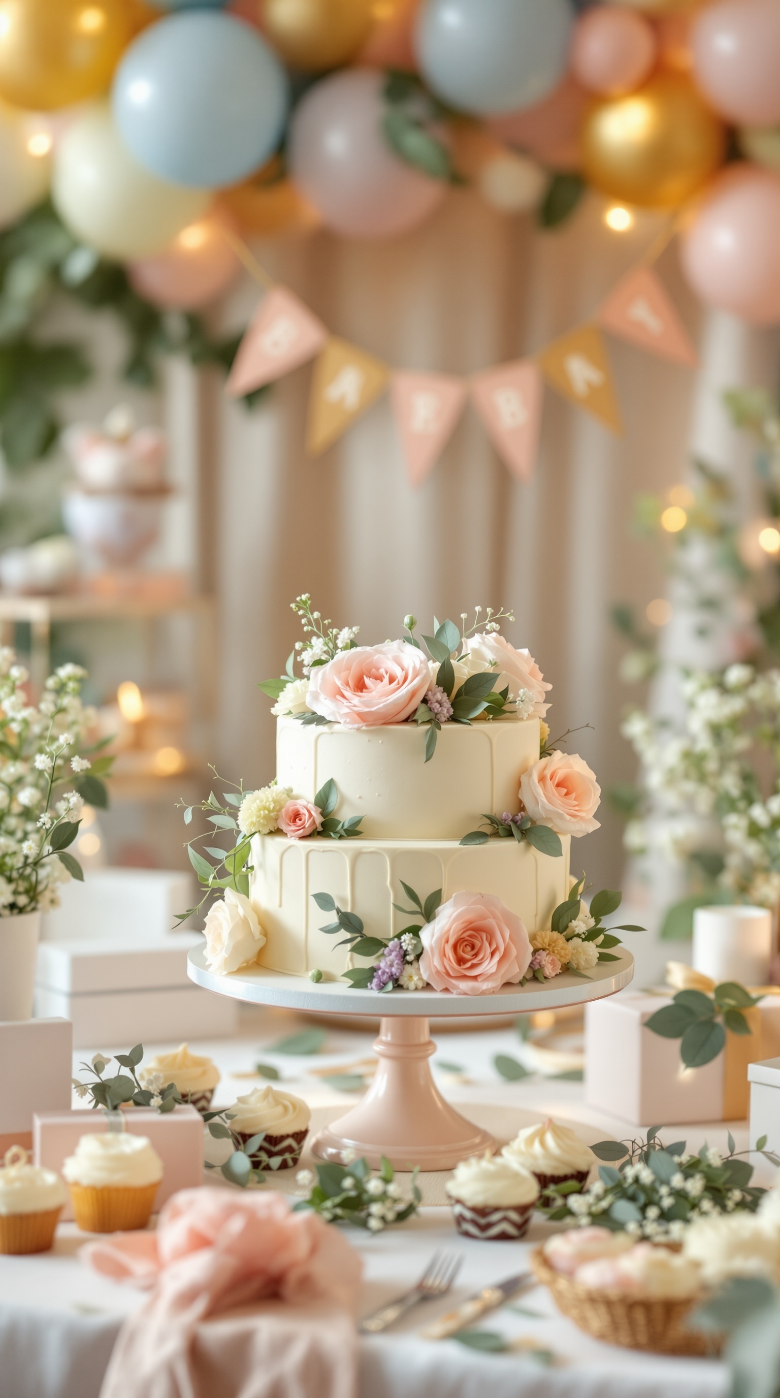 A beautifully decorated floral-themed cake with pastel colors and floral accents, surrounded by cupcakes and festive decorations.