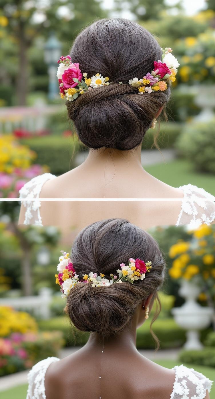 A floral accented updo hairstyle featuring a bun decorated with colorful flowers.