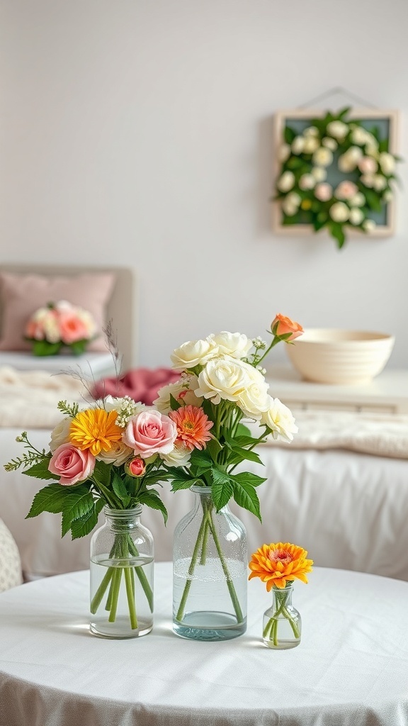 A cozy bedroom with floral arrangements on a table, featuring pink and orange flowers in glass vases.