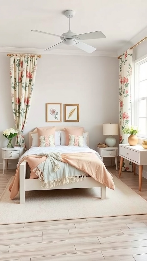 A preppy teen bedroom with floral curtains, bedding, and decorative accents.