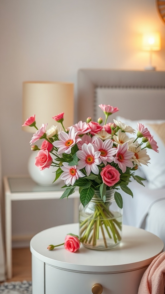 A beautiful bouquet of pink roses and daisies in a glass vase on a bedside table.