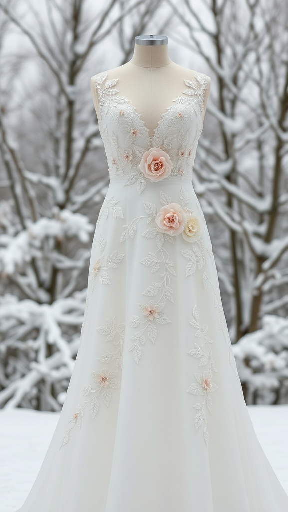 A beautiful winter wedding dress with floral accents displayed on a mannequin in a snowy setting.