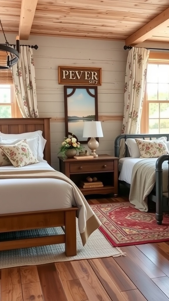 A rustic farmhouse bedroom featuring floral accents in curtains and bedding, with wooden furniture and a cozy atmosphere.