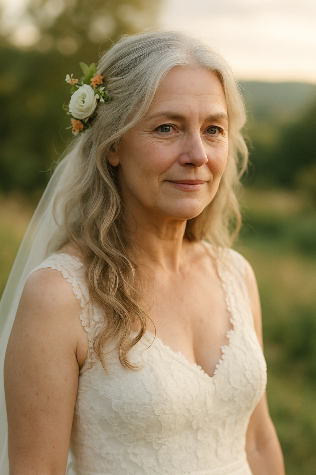 A mature bride with loose hair and floral accents, wearing a lace wedding dress.