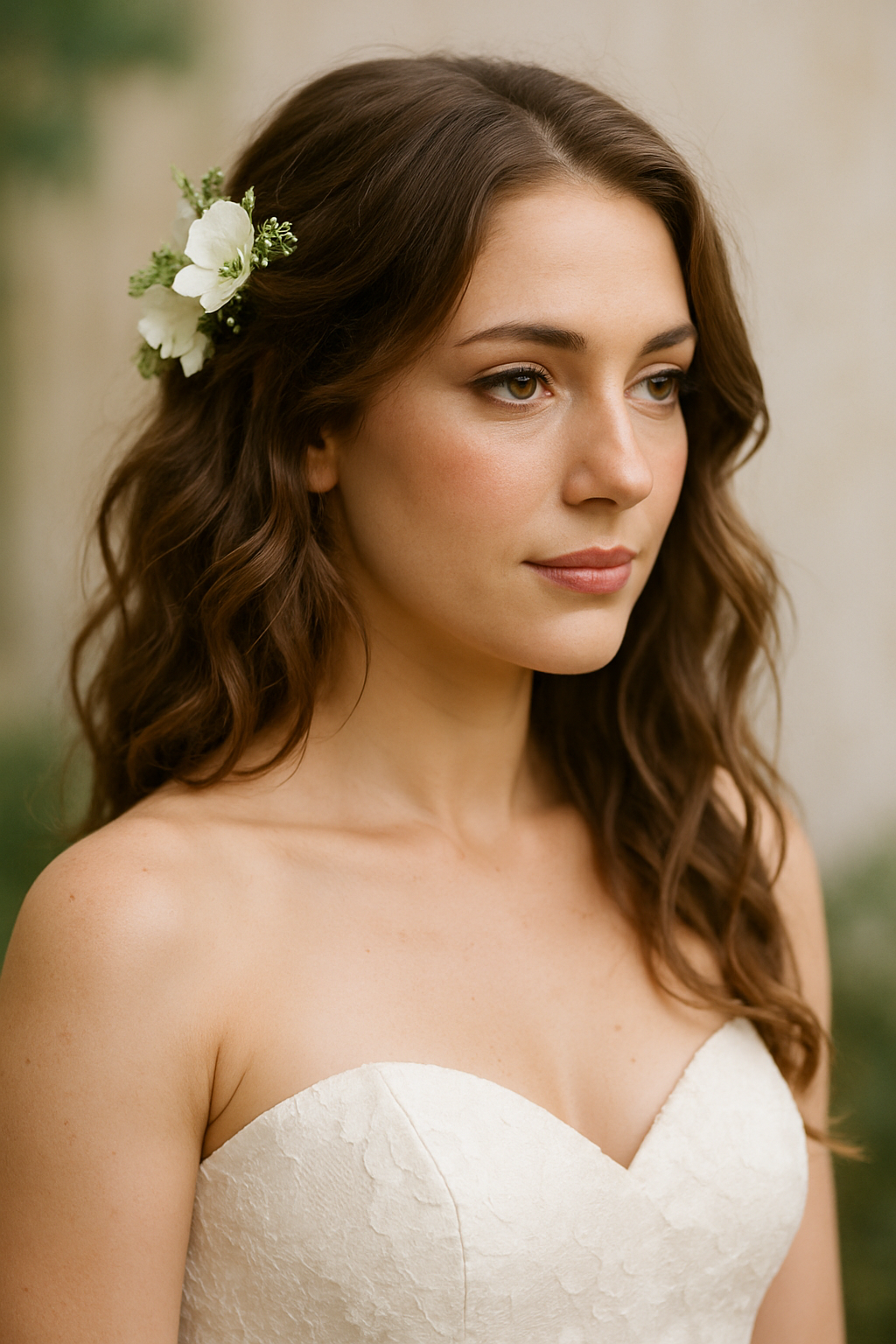 Bride with loose waves and floral accents in her hair, wearing a strapless wedding dress.
