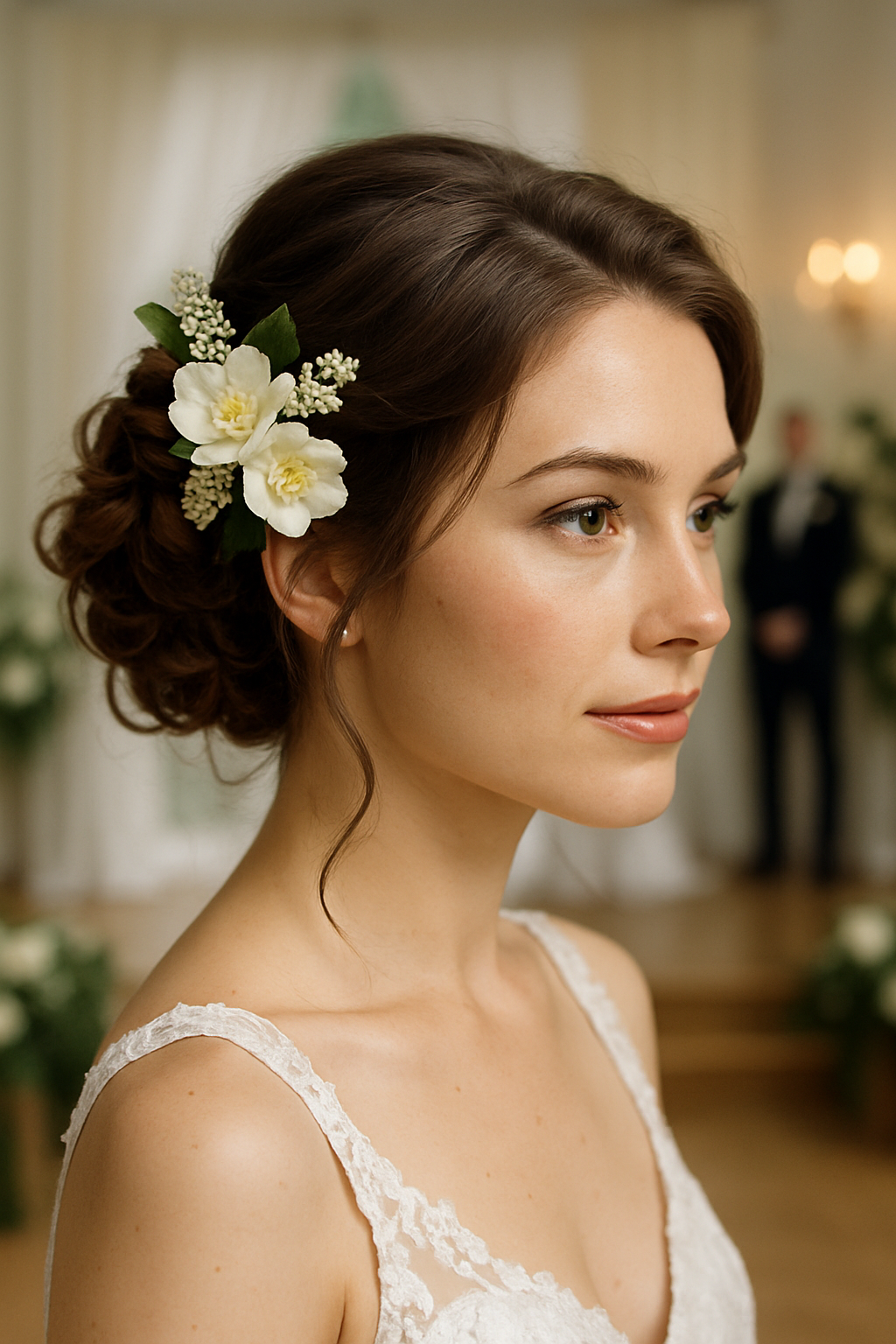 A woman with a beautiful updo hairstyle decorated with white flowers, showcasing a romantic wedding guest look.