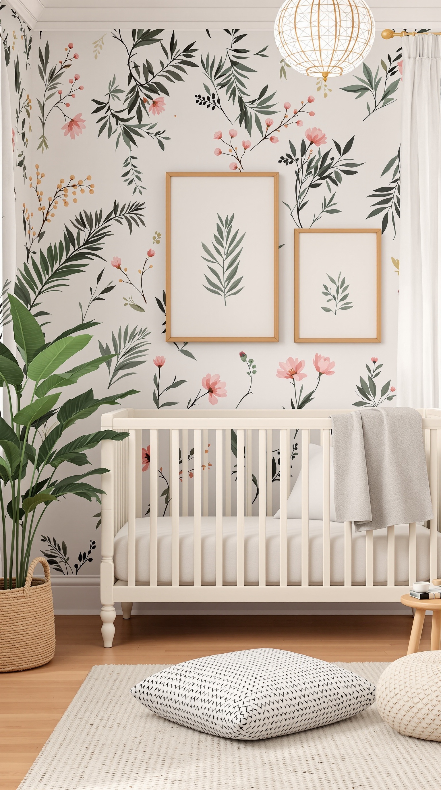 A beautifully decorated baby room with floral wallpaper, a crib, and plants.