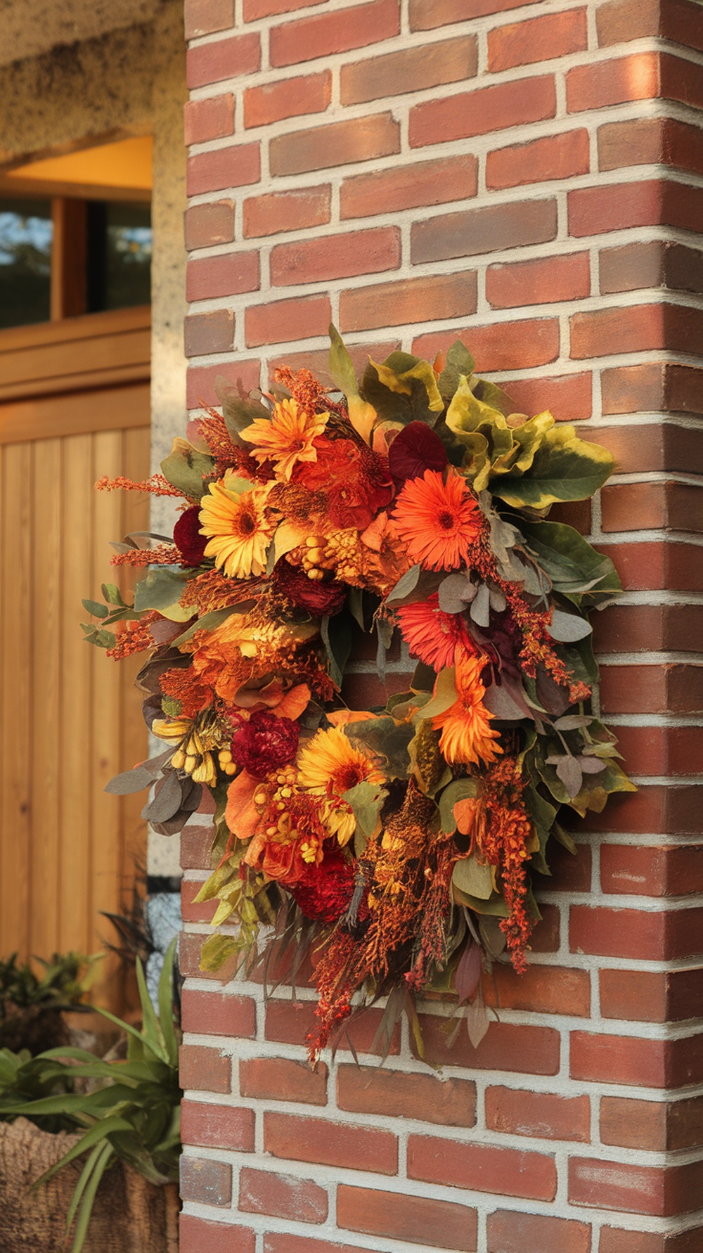 A vibrant fall wreath made of orange and red flowers, with green foliage, hanging on a brick wall.