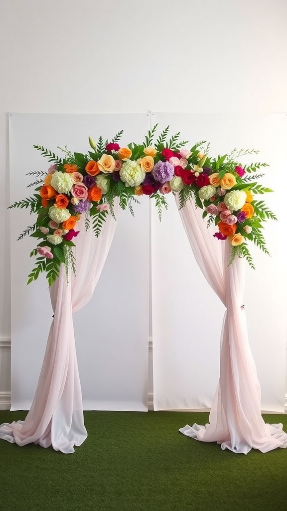 A floral archway adorned with vibrant flowers and draped fabric, creating a lovely backdrop.