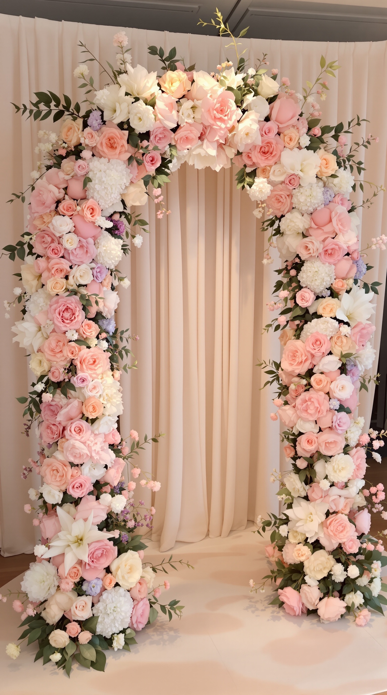 A beautiful floral archway with pastel accents at a baby shower, featuring pink and white flowers and a 'Happy Baby' banner.