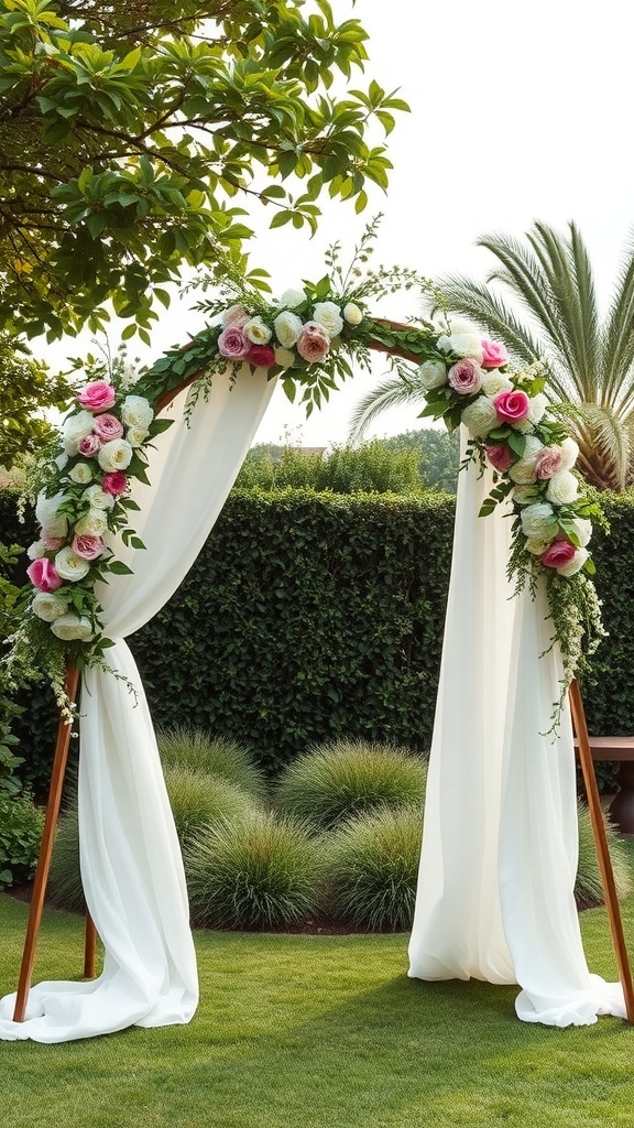 Floral archway with soft draping and roses in pink and white, set in a garden.