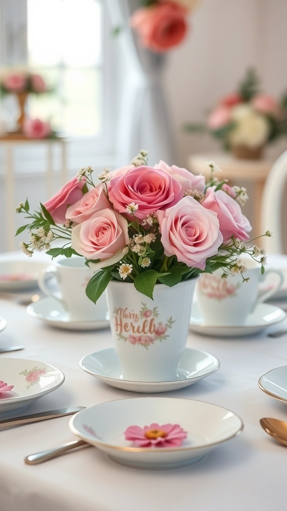A charming floral arrangement in a vintage teacup featuring pink roses on a beautifully set table.