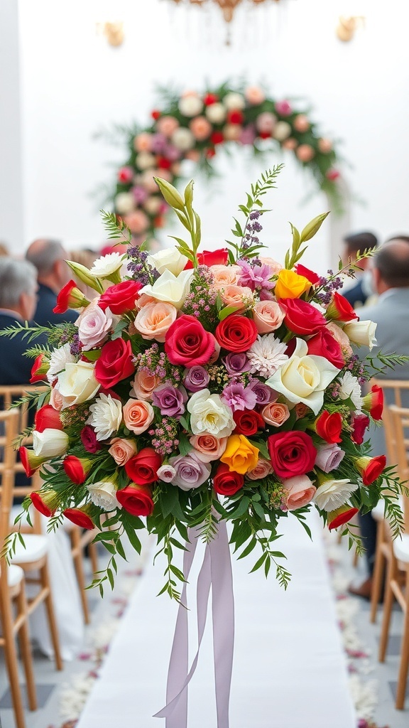 Colorful floral arrangements with roses and other blooms, set in a wedding ceremony backdrop.