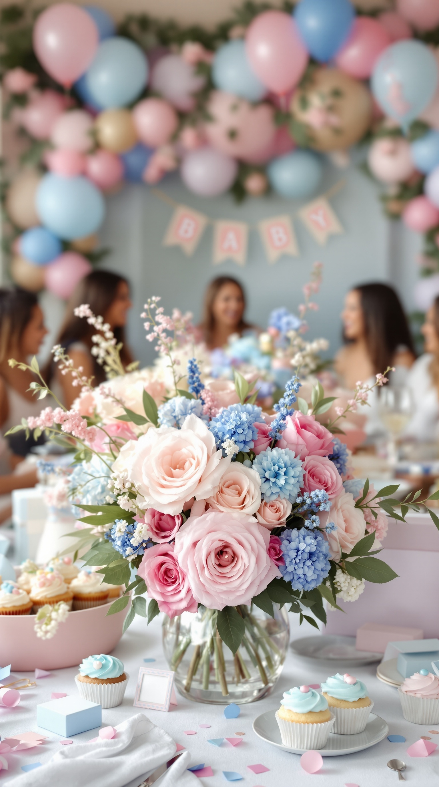 A beautiful floral arrangement with pink and blue flowers, surrounded by cupcakes, at a gender reveal party.