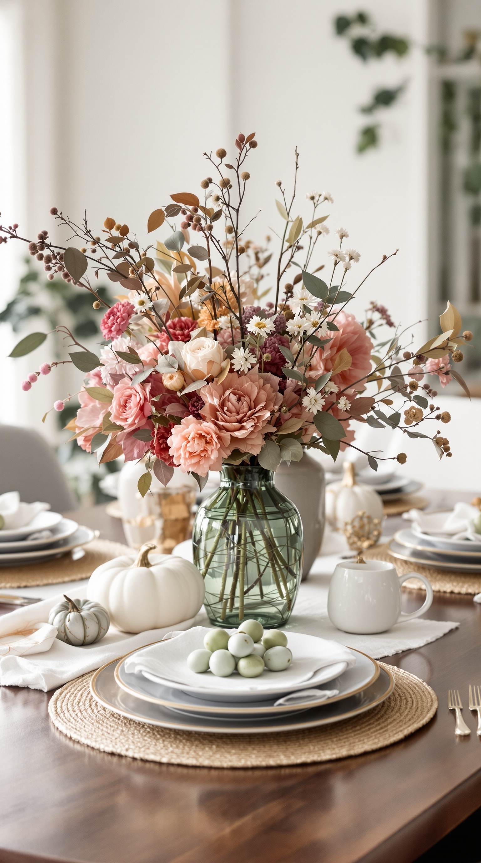 A Thanksgiving table with a floral arrangement in a green vase, surrounded by plates and small pumpkins.