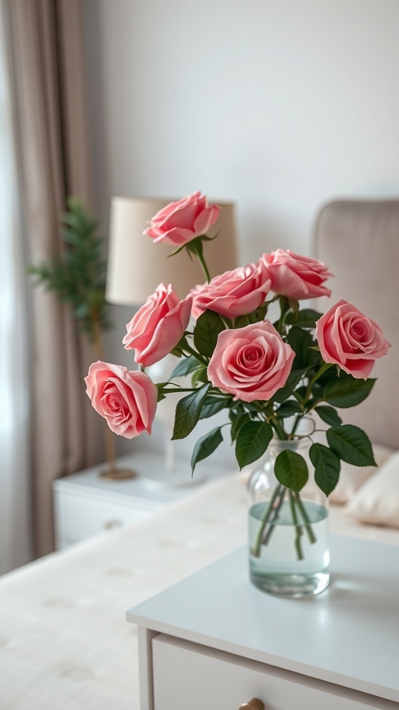 A vase with pink roses on a bedside table in a cozy bedroom