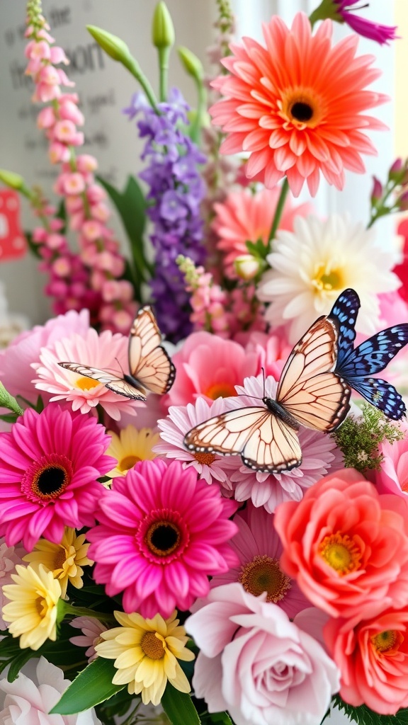 A vibrant floral arrangement featuring pink gerbera daisies, orange flowers, and butterflies