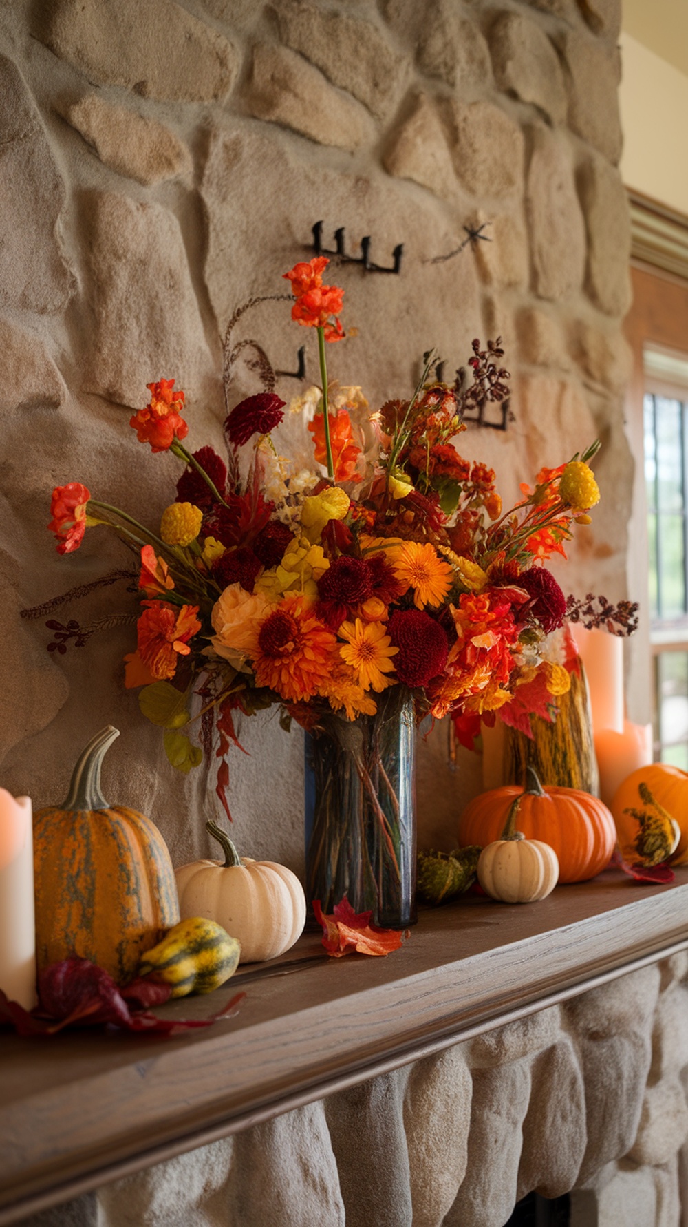 A beautiful fall floral arrangement with orange, red, and yellow flowers in a clear vase on a stone mantel, surrounded by pumpkins and candles.