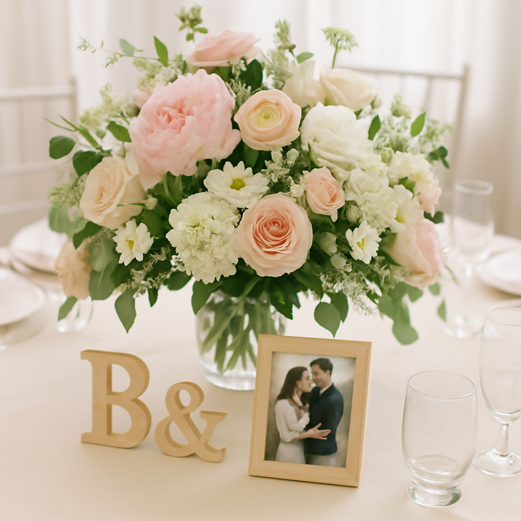A floral centerpiece with soft pink and cream flowers, accompanied by wooden letters 'B&' and a framed photo of a couple.