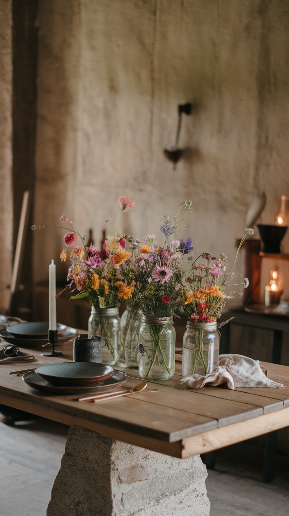 A rustic Thanksgiving table with wildflowers in mason jars, featuring colorful blooms and a cozy atmosphere.