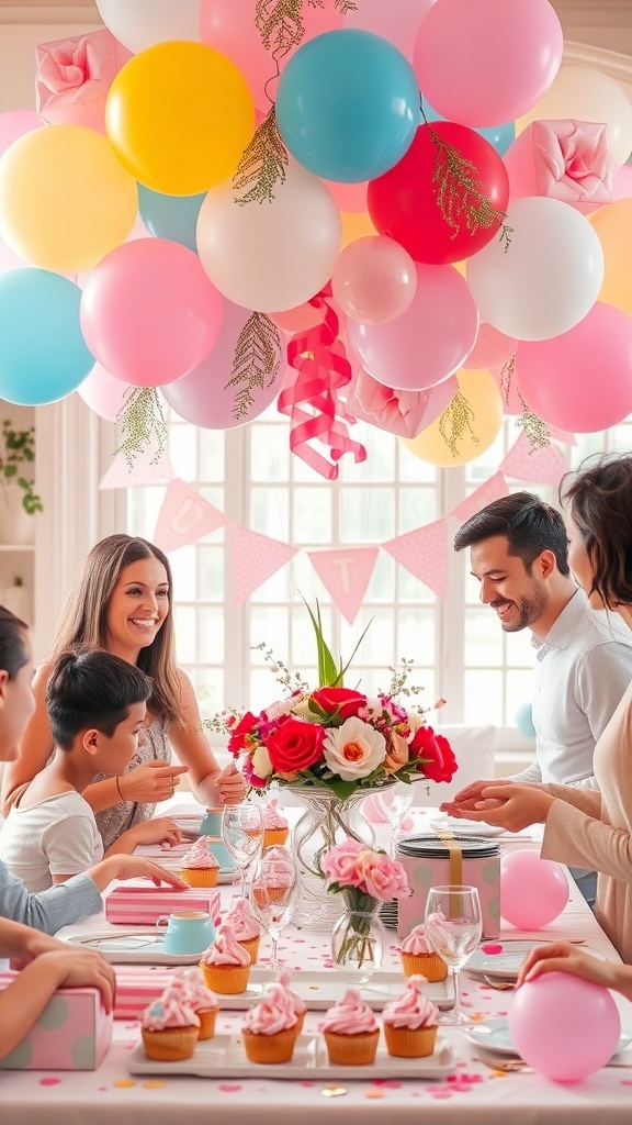 Colorful balloon arrangement above a baby shower table with flowers and cupcakes.