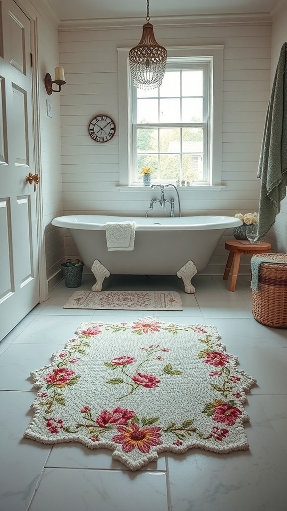 A floral bath mat with pink flowers in a cozy bathroom setting.