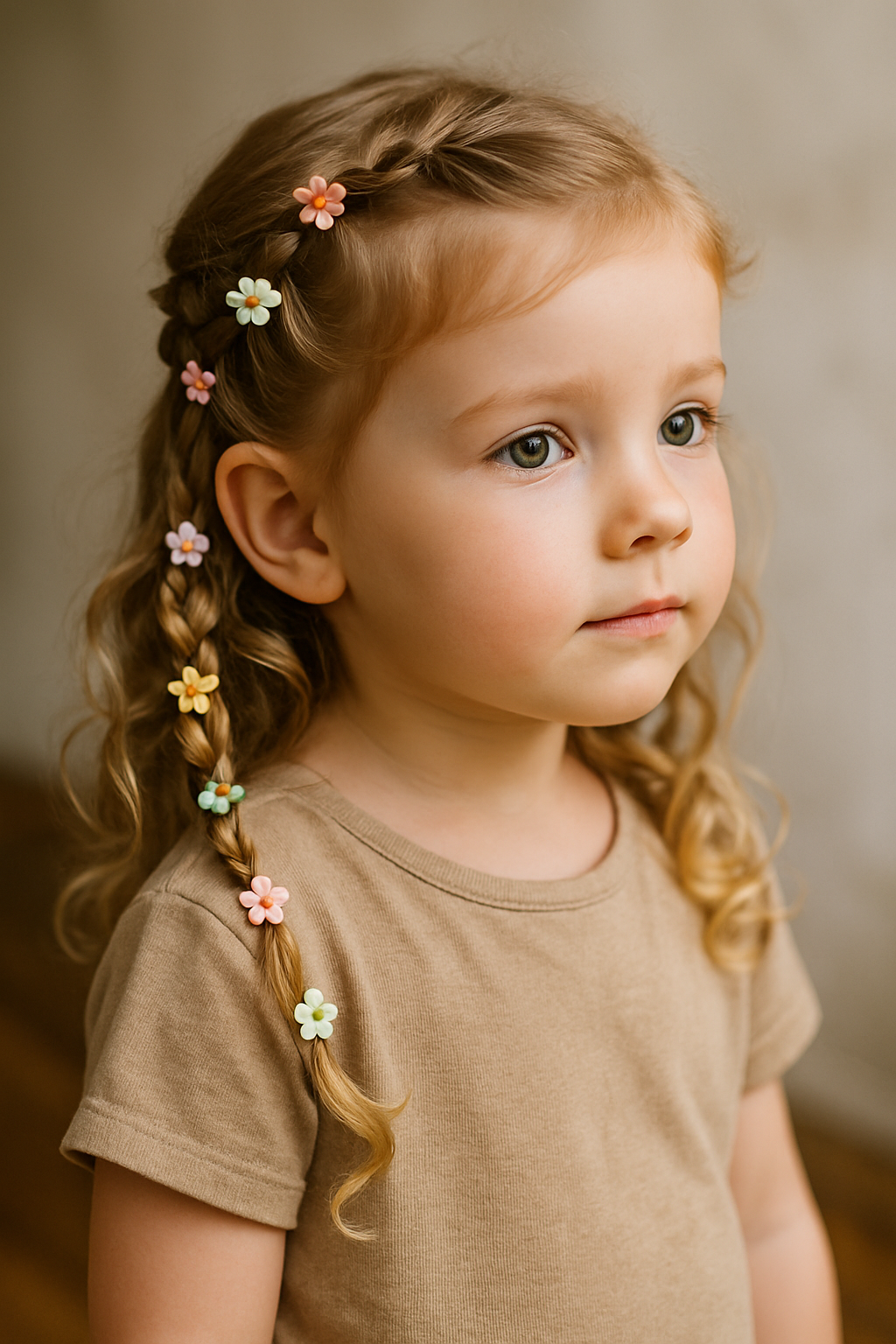 A young girl with braided hair adorned with colorful floral beads.