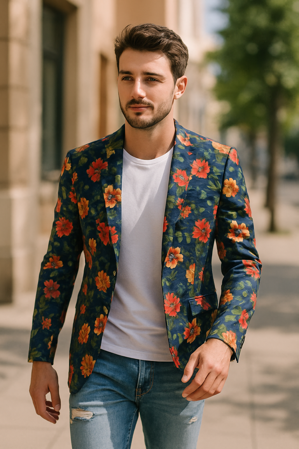 A man wearing a floral blazer over a white t-shirt and denim jeans, walking outdoors.