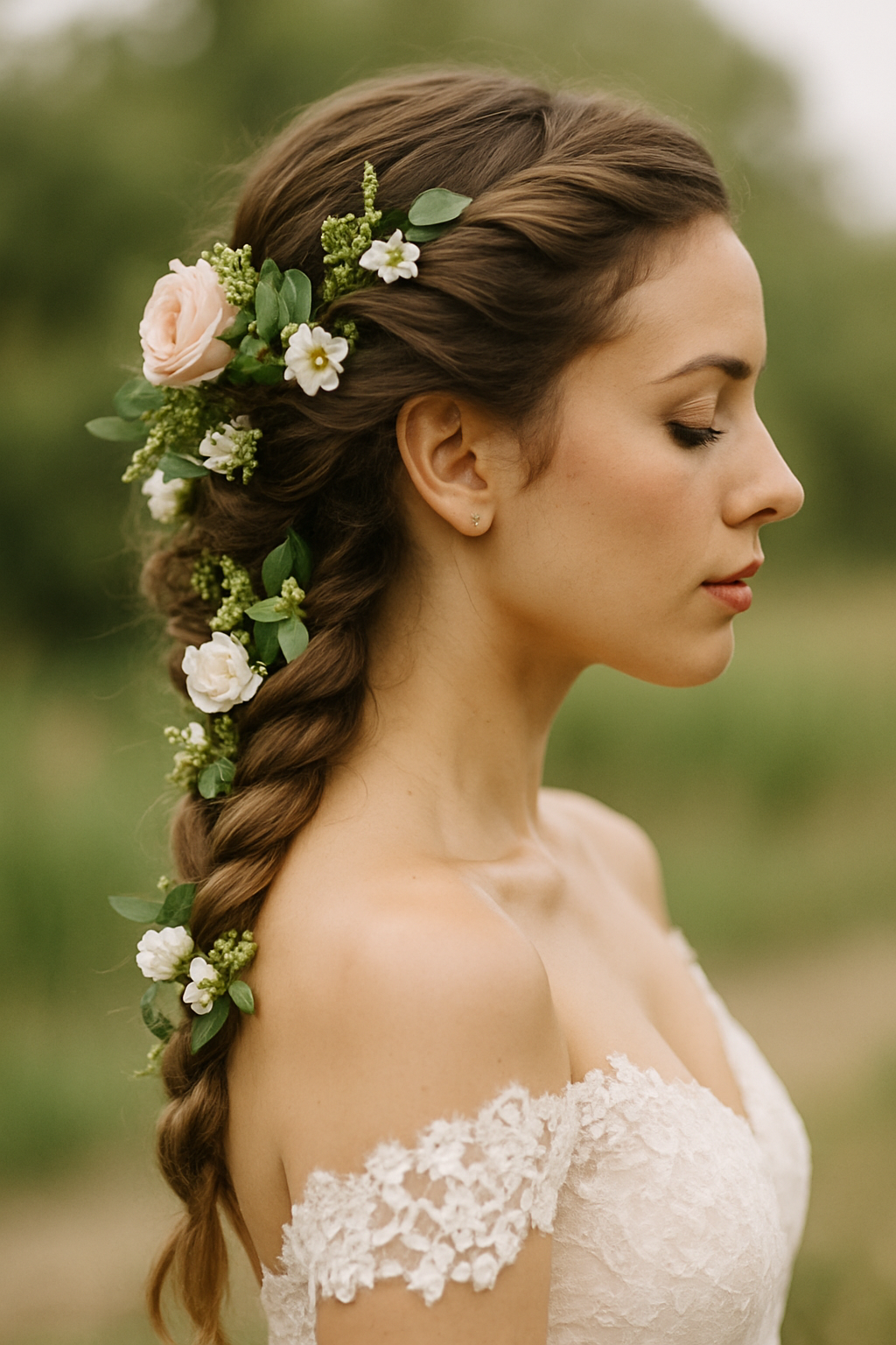 A bride with a floral braid hairstyle featuring pink and white flowers.