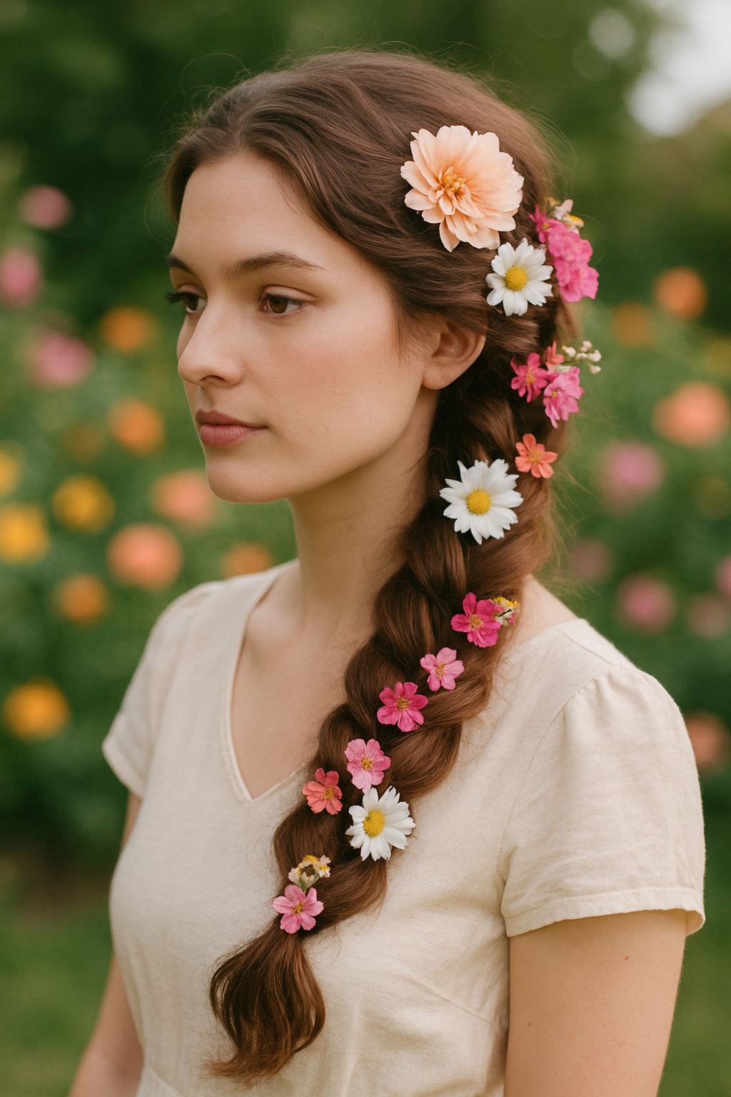 A woman with a floral braid hairstyle featuring pink, white, and orange flowers.