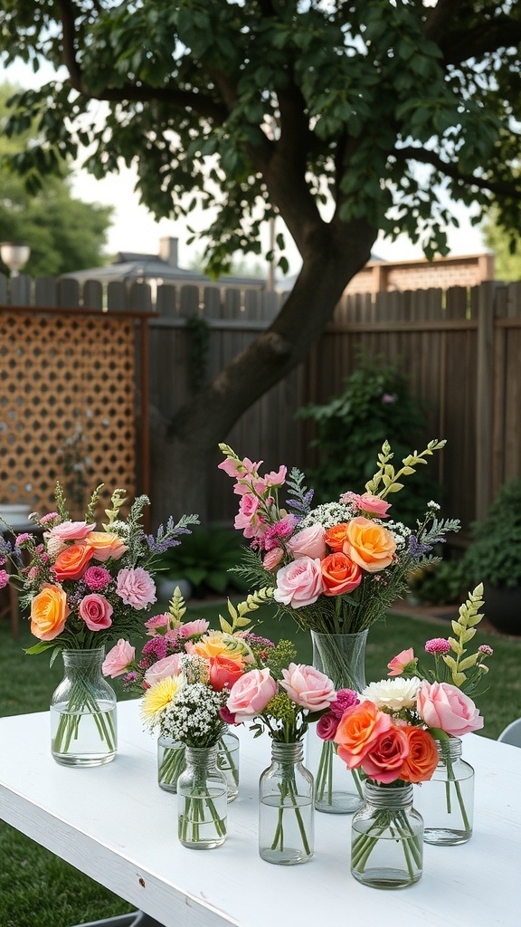 Table with various floral arrangements in glass vases for a bridal shower centerpiece workshop.