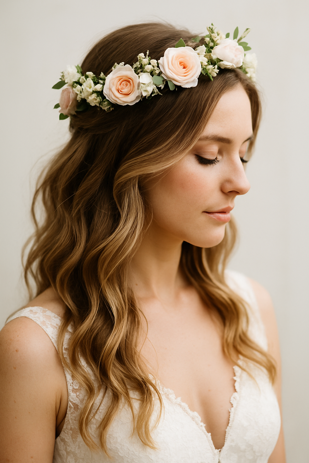 A bride with loose wavy hair wearing a floral crown with pink roses.