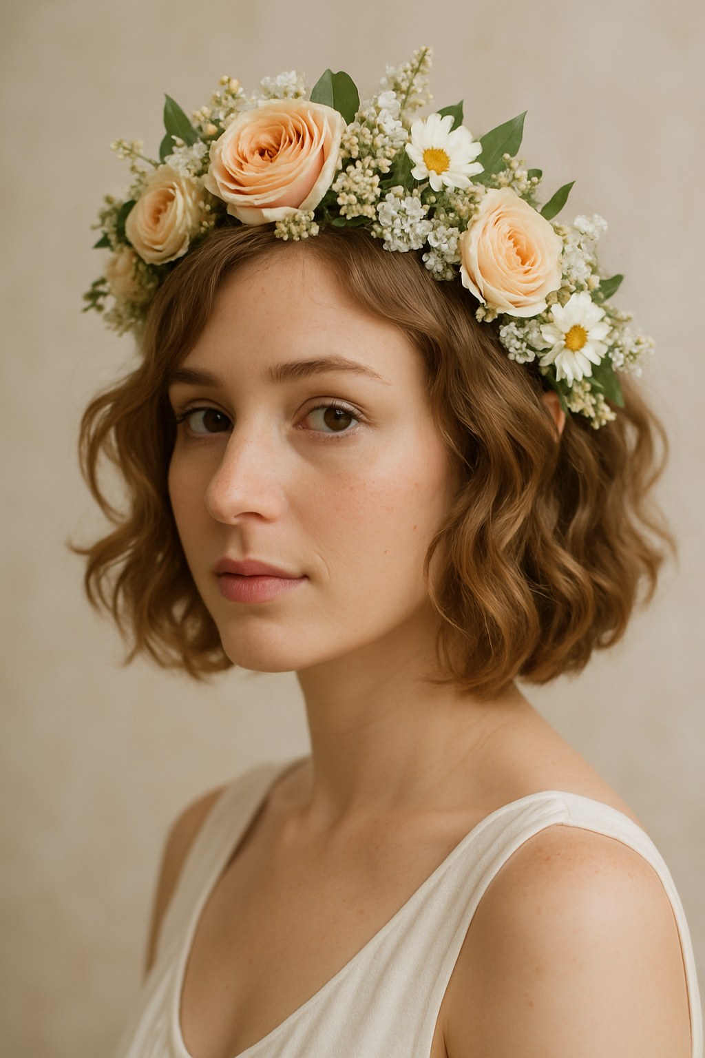 A woman with short, wavy hair wearing a floral crown made of roses and daisies.