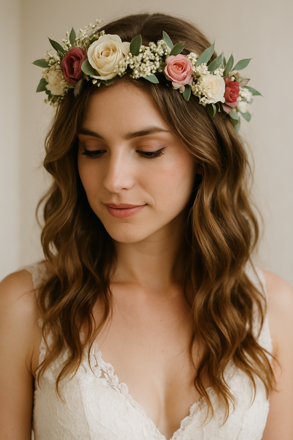 A bride with a floral crown and loose waves hairstyle, featuring soft curls and delicate flowers.