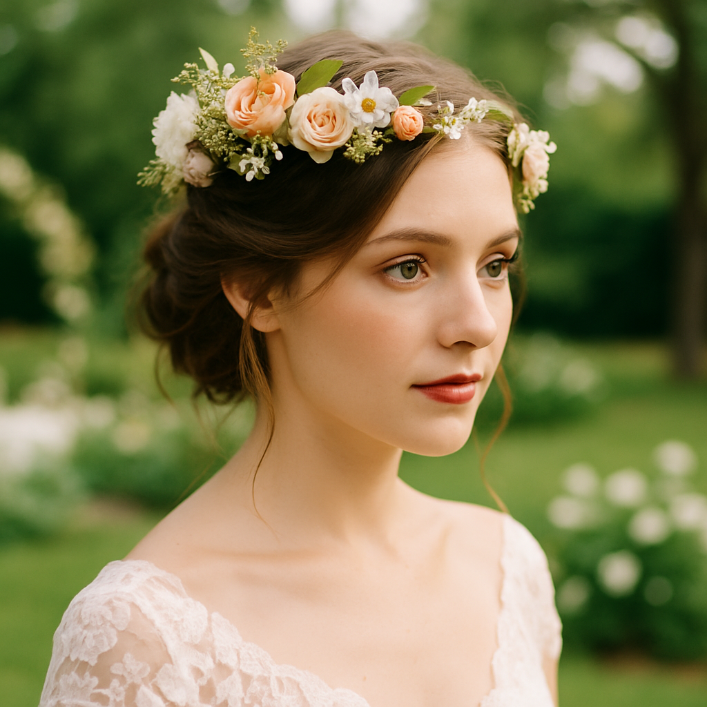 A bride's maid with a low updo hairstyle adorned with a floral crown, set against a lush garden background.