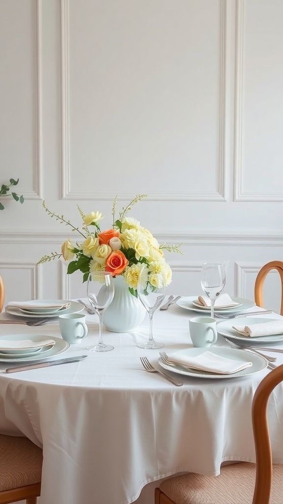 A beautifully arranged table with floral centerpiece and elegant table settings for a bridal shower.