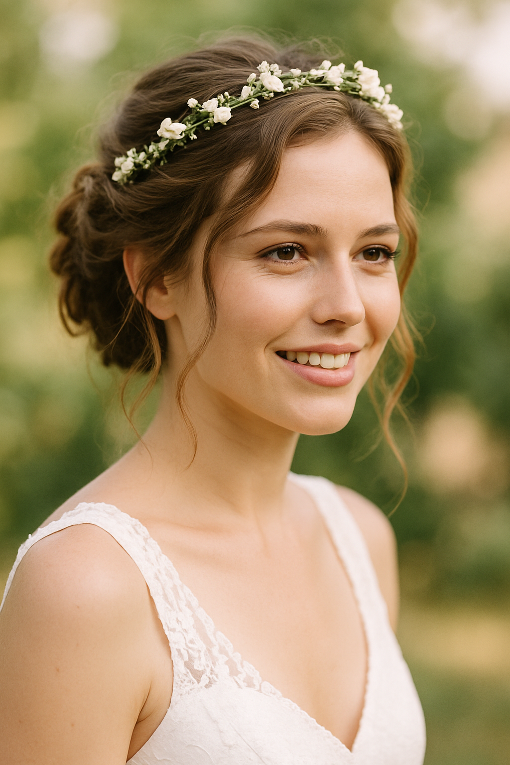 A young girl with a floral headband and an updo hairstyle, smiling at a wedding.