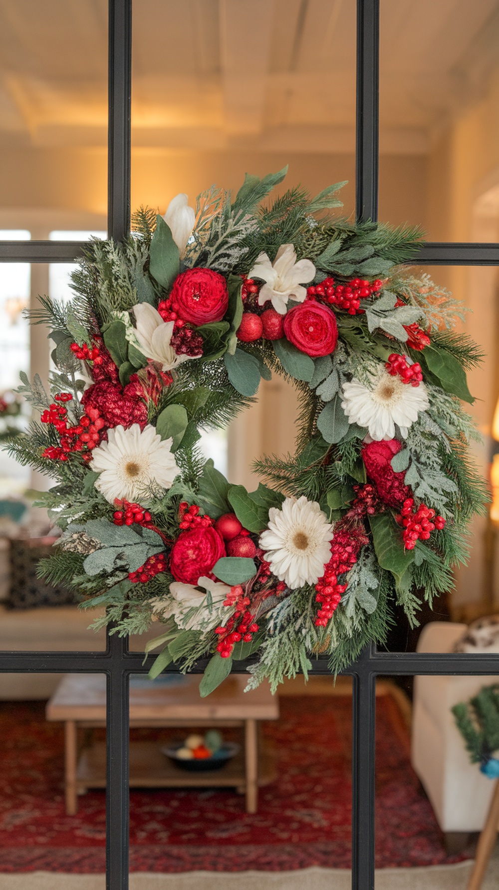 A colorful floral wreath with red flowers, white daisies, and green foliage, displayed on a window.