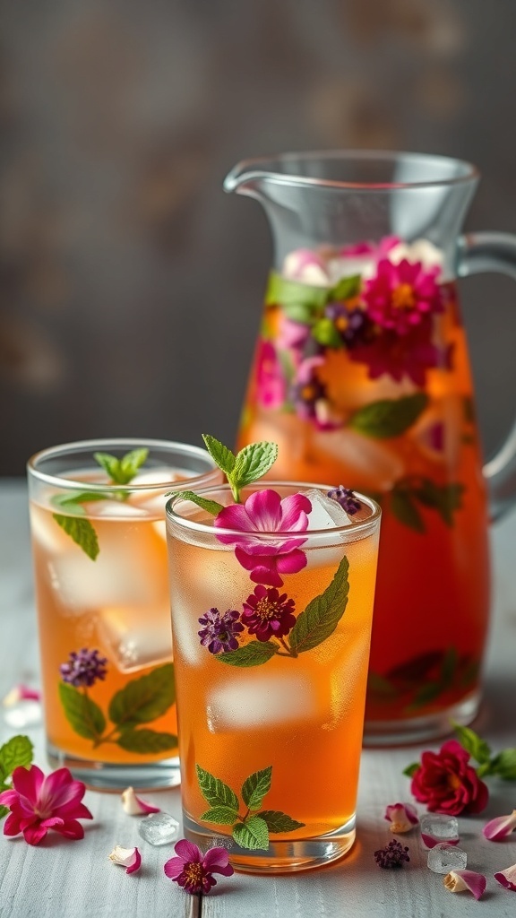 Floral infused iced tea served in glasses with ice and garnished with edible flowers and mint.