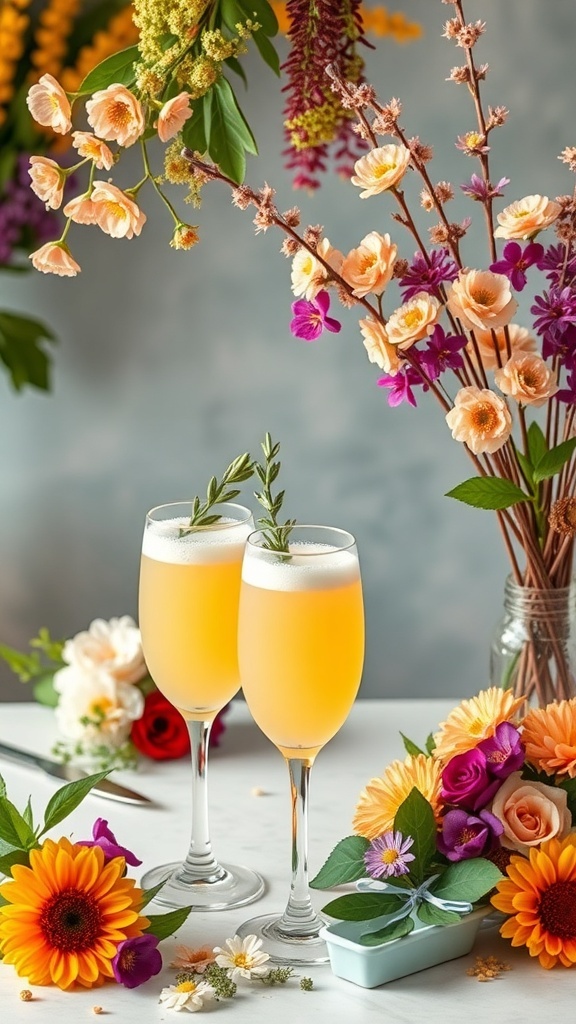 Two glasses of mimosa with flower decorations around them for a bridal shower