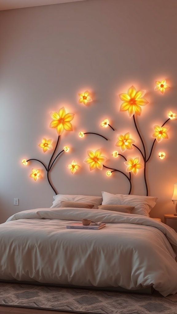 A wall decorated with glowing floral LED arrangements above a neatly made bed.