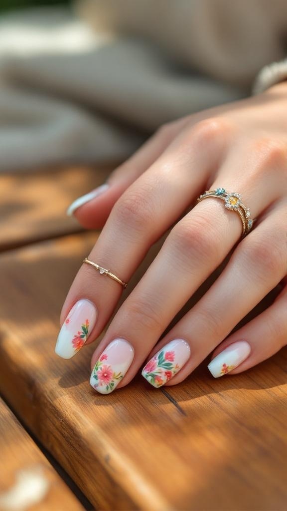 A hand with floral nail art featuring pink and white gradient nails with colorful flowers and green leaves.