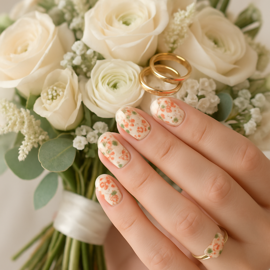 A close-up of hands with floral nail wraps holding a bouquet of white roses and gold wedding rings.