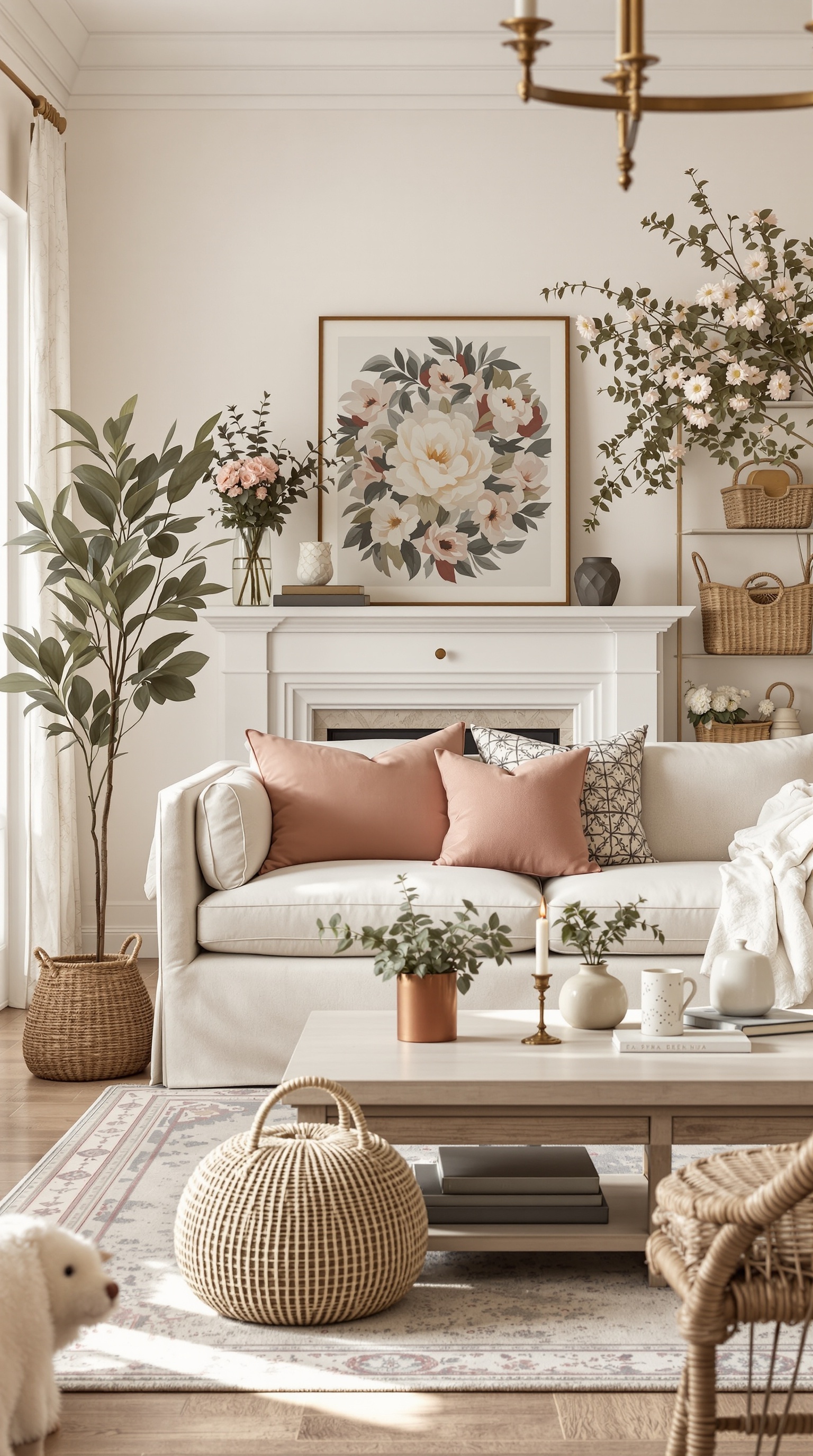 A cozy French country family room featuring floral patterns and earthy tones.