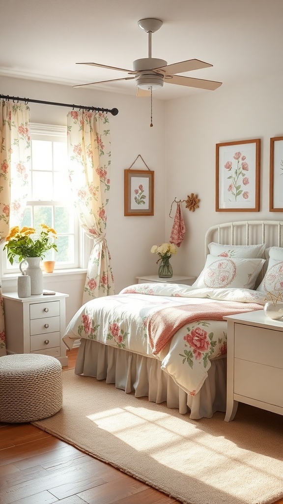 A cozy country teen bedroom featuring floral patterns on bedding and curtains, with framed flower artwork on the walls.