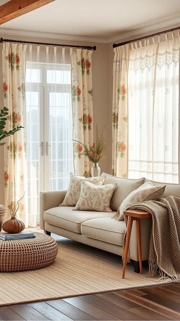 A cozy rustic French country living room featuring floral patterned curtains, a comfortable sofa with pillows, and a woven pouf.