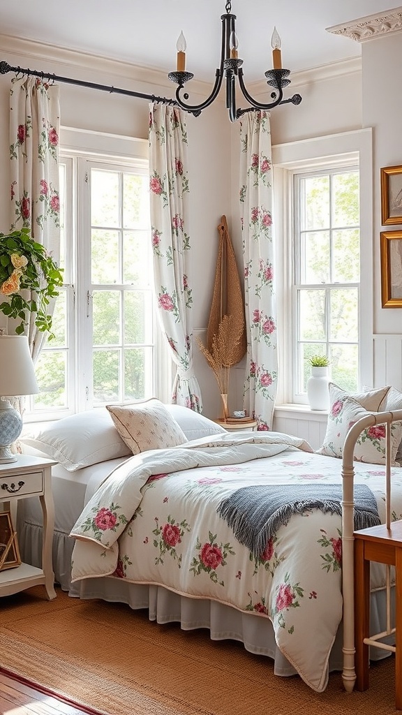 A vintage farmhouse bedroom with floral patterned bedding and curtains, featuring a cozy atmosphere.