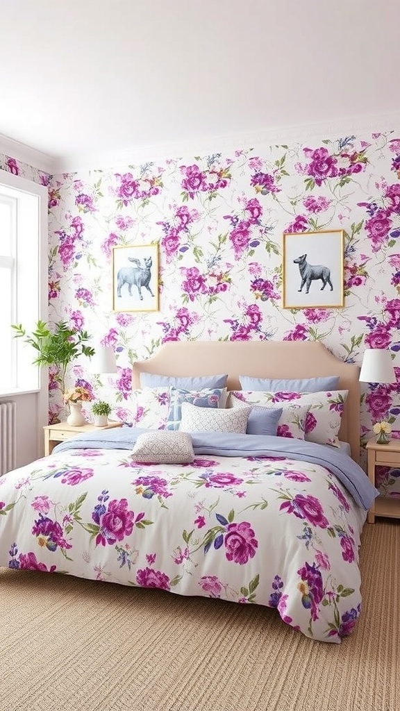 A purple-themed bedroom with floral wallpaper and bedding, featuring a cozy atmosphere.