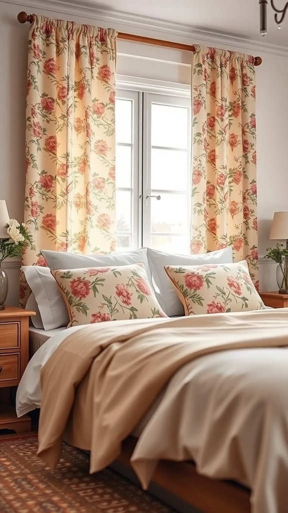 A cozy farmhouse bedroom featuring floral curtains and pillows, creating a romantic atmosphere.
